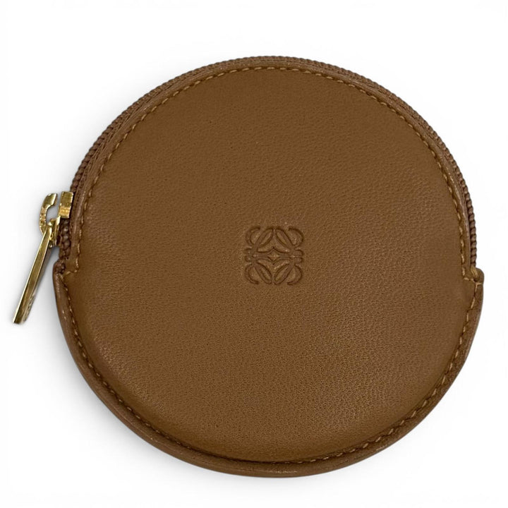Excellent LOEWE Coin case Anagram Round Zip Leather Brown Sheepskin Leather
