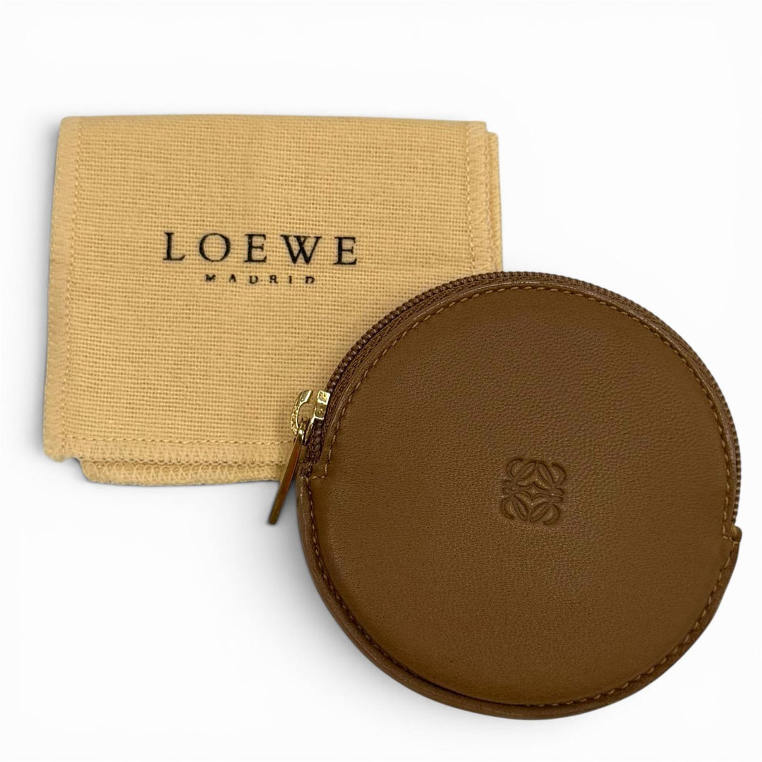 Excellent LOEWE Coin case Anagram Round Zip Leather Brown Sheepskin Leather