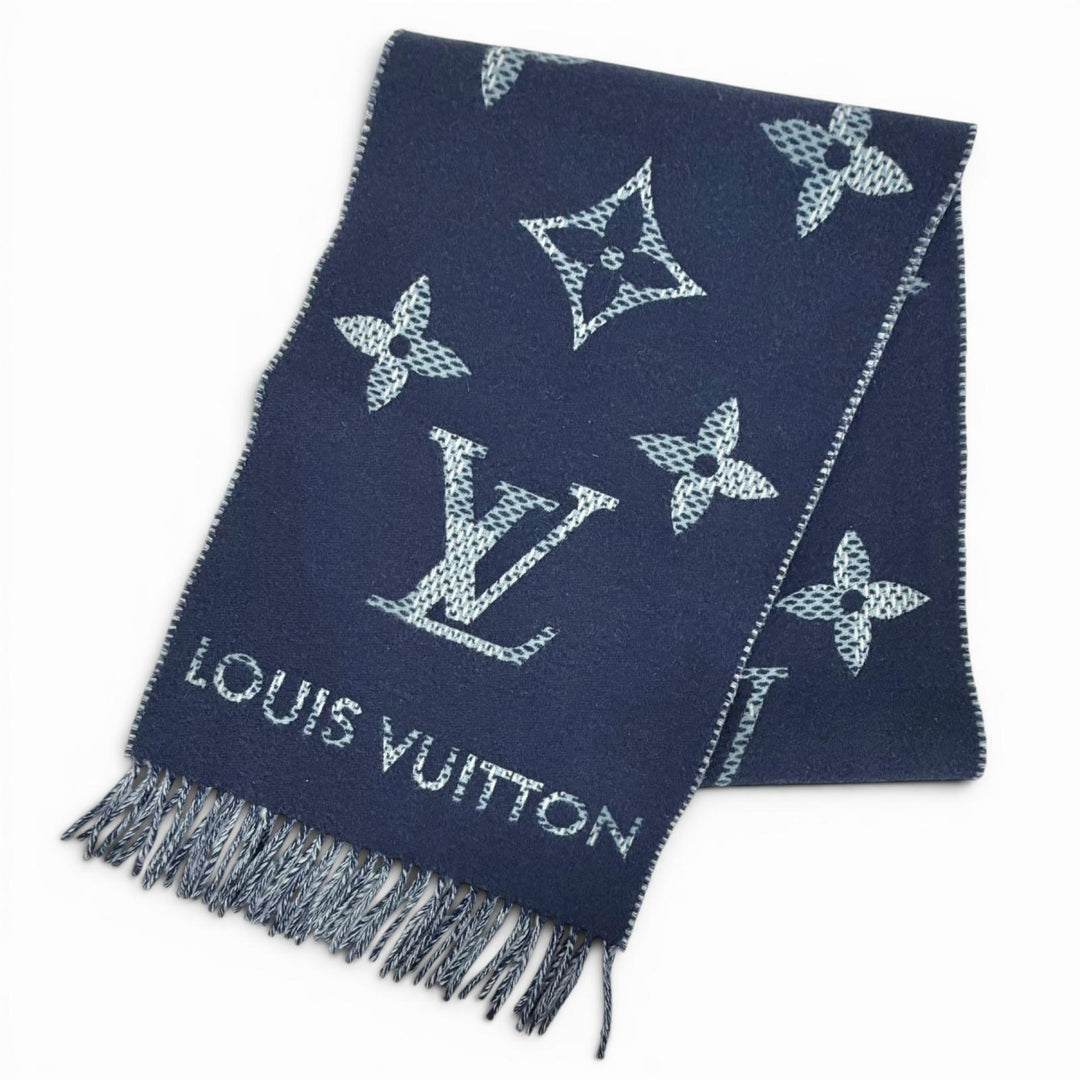 Excellent LOUIS VUITTON Scarf Monogram check scarf Current product Navy M97446