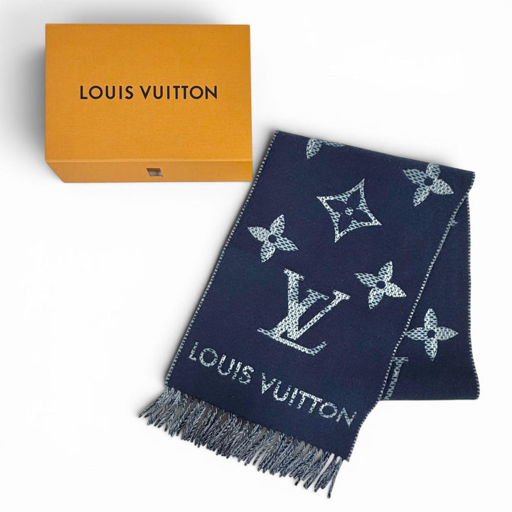 Excellent LOUIS VUITTON Scarf Monogram check scarf Current product Navy M97446