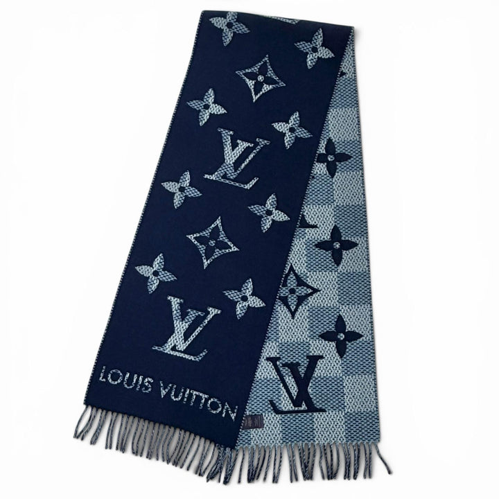 Excellent LOUIS VUITTON Scarf Monogram check scarf Current product Navy M97446