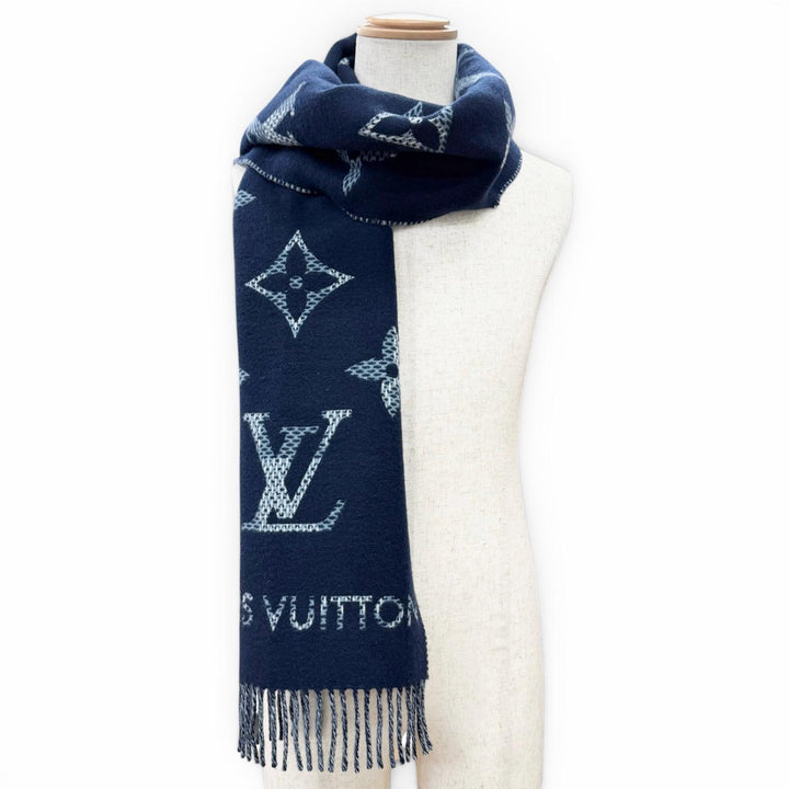 Excellent LOUIS VUITTON Scarf Monogram check scarf Current product Navy M97446
