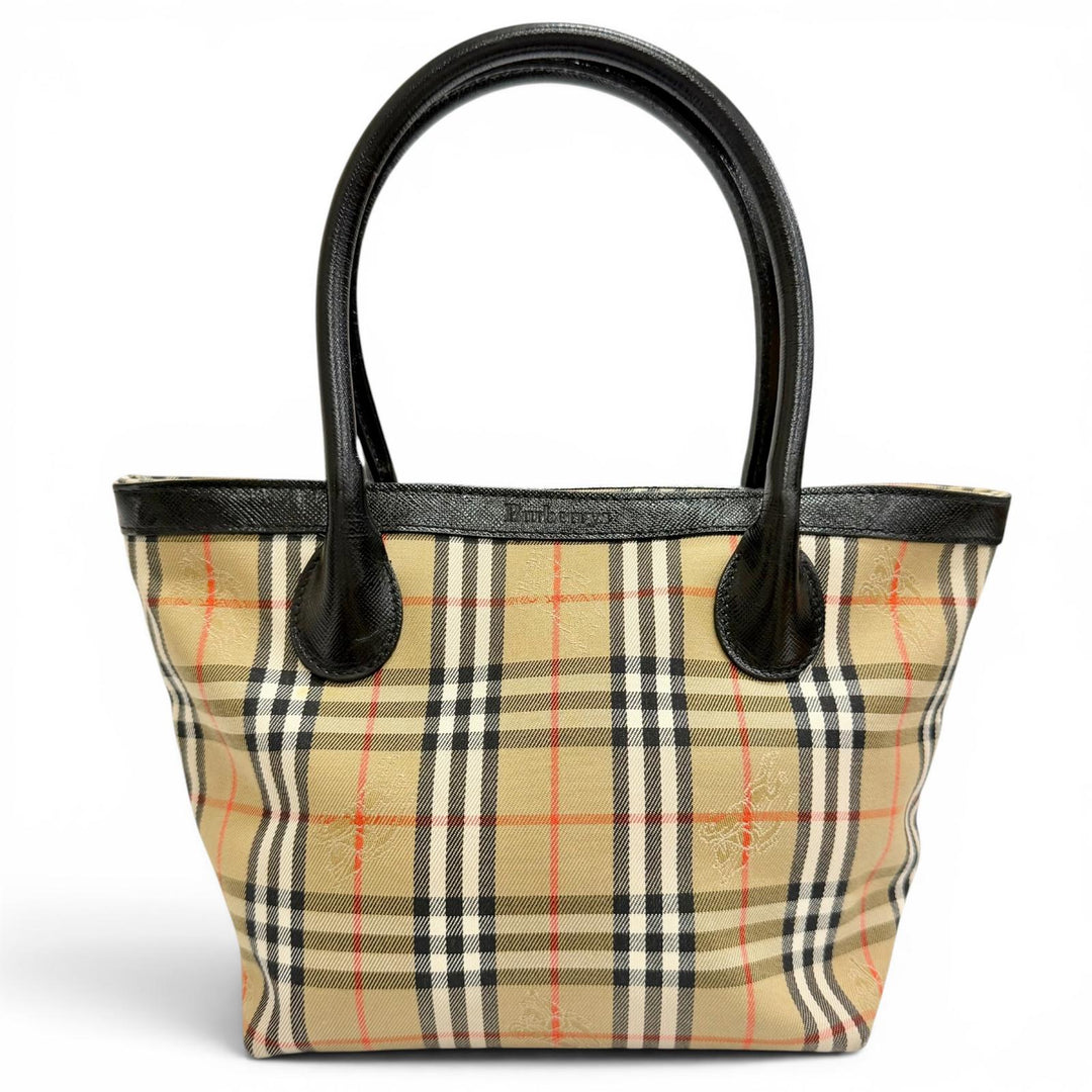 Excellent Burberrys Handbag Shadow Horse Nova Check Pattern Leather Accents