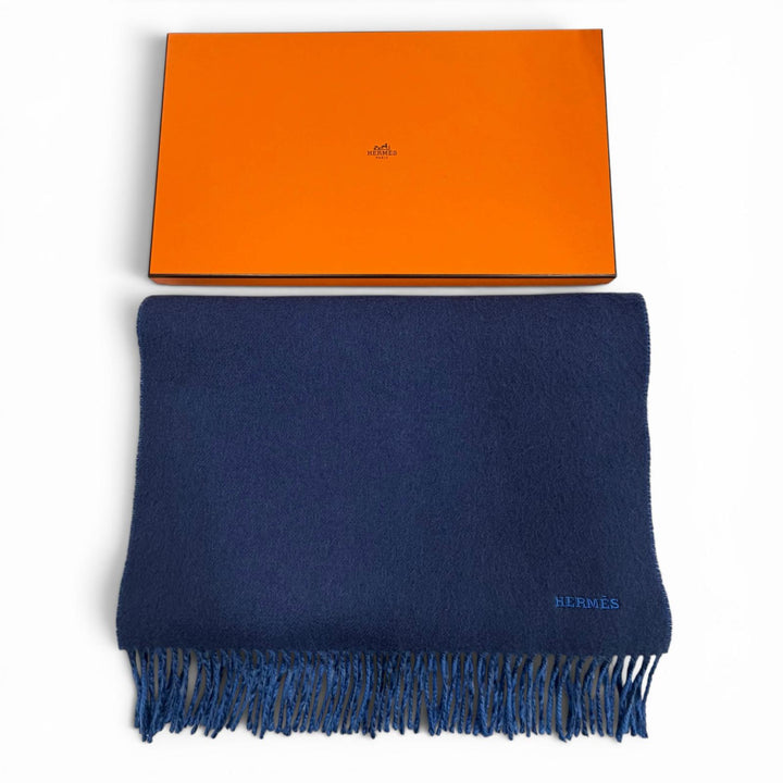 Excellent HERMES Scarf Recto Verso Navy cashmere mens