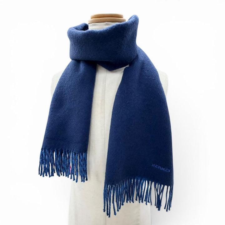 Excellent HERMES Scarf Recto Verso Navy cashmere mens