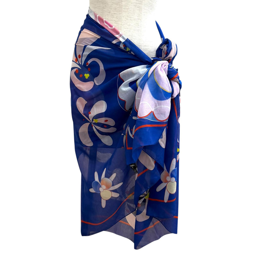 Excellent CHANEL COCO Mark Floral Print Large Pareo blue cotton Women G19