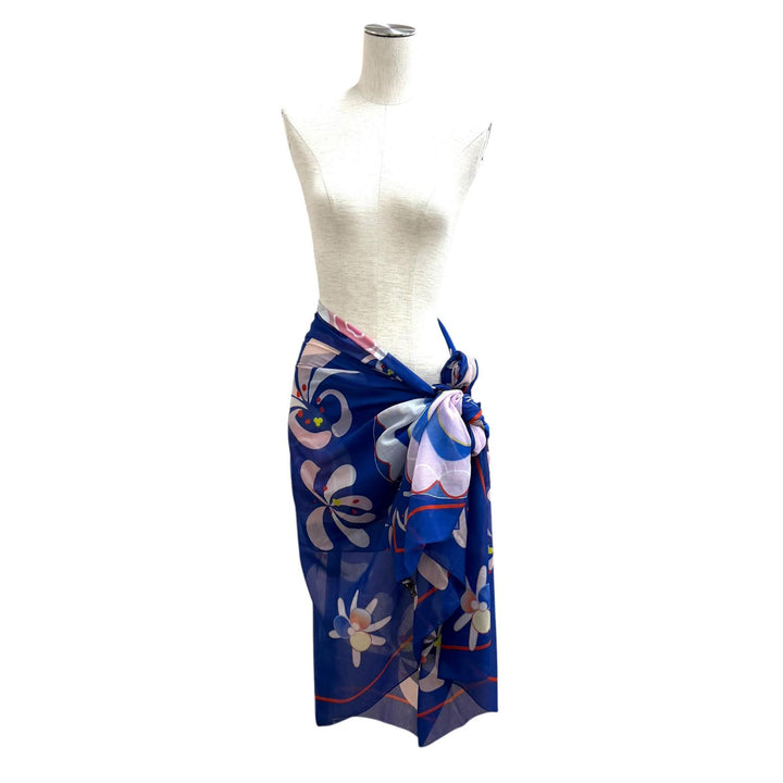 Excellent CHANEL COCO Mark Floral Print Large Pareo blue cotton Women G19