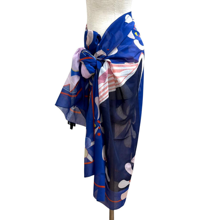 Excellent CHANEL COCO Mark Floral Print Large Pareo blue cotton Women G19