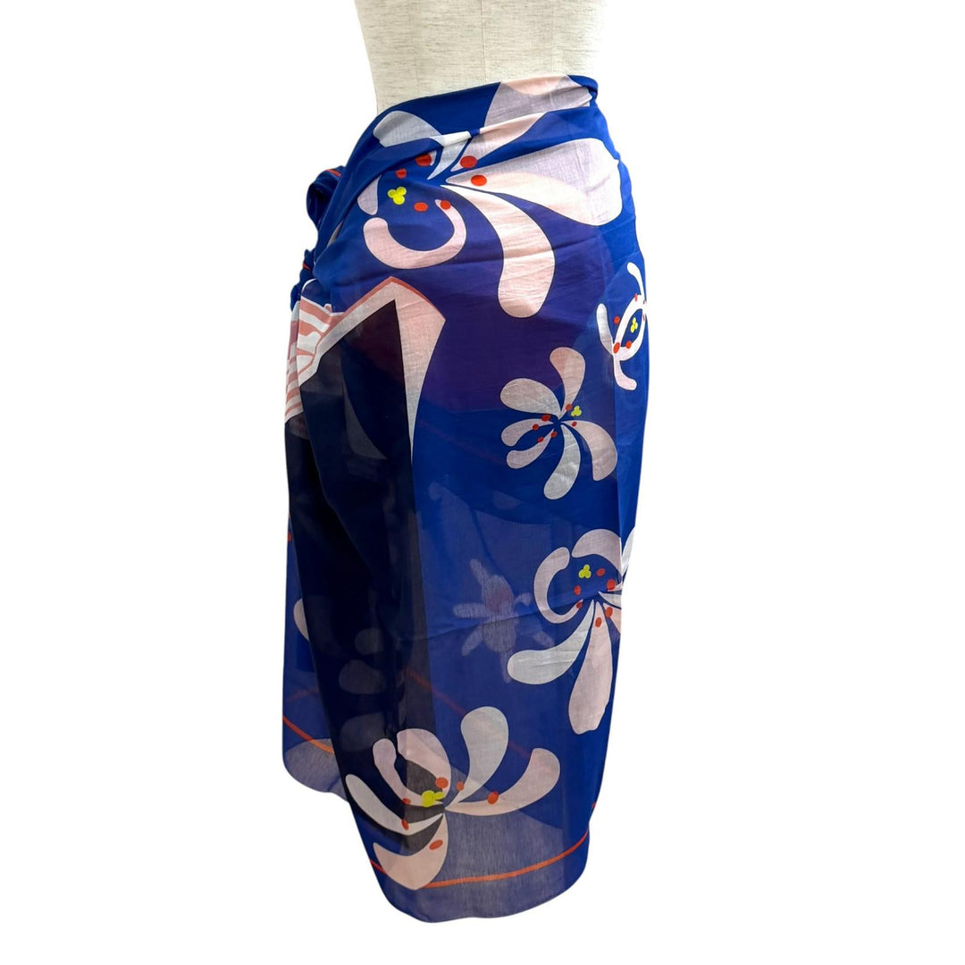 Excellent CHANEL COCO Mark Floral Print Large Pareo blue cotton Women G19