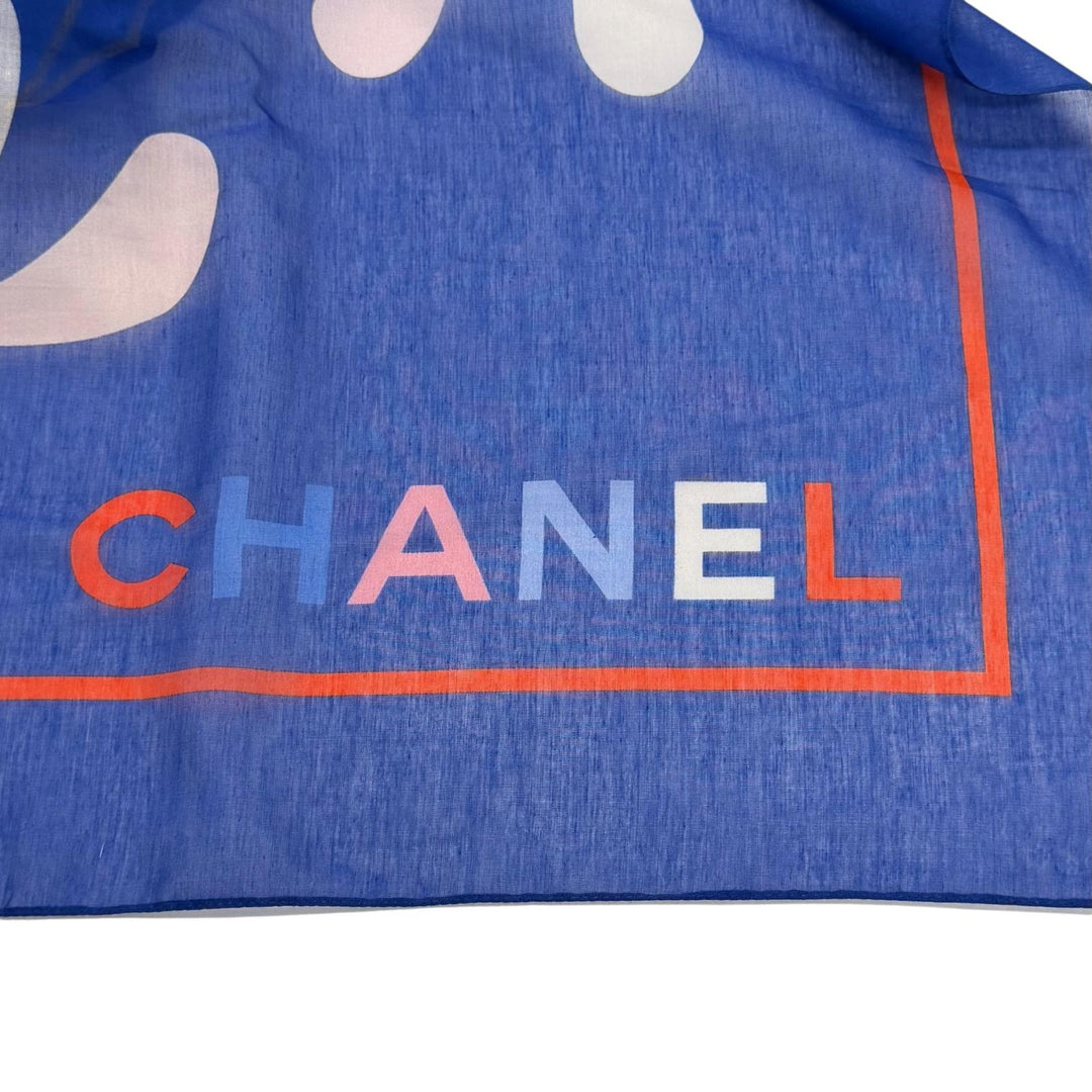 Excellent CHANEL COCO Mark Floral Print Large Pareo blue cotton Women G19