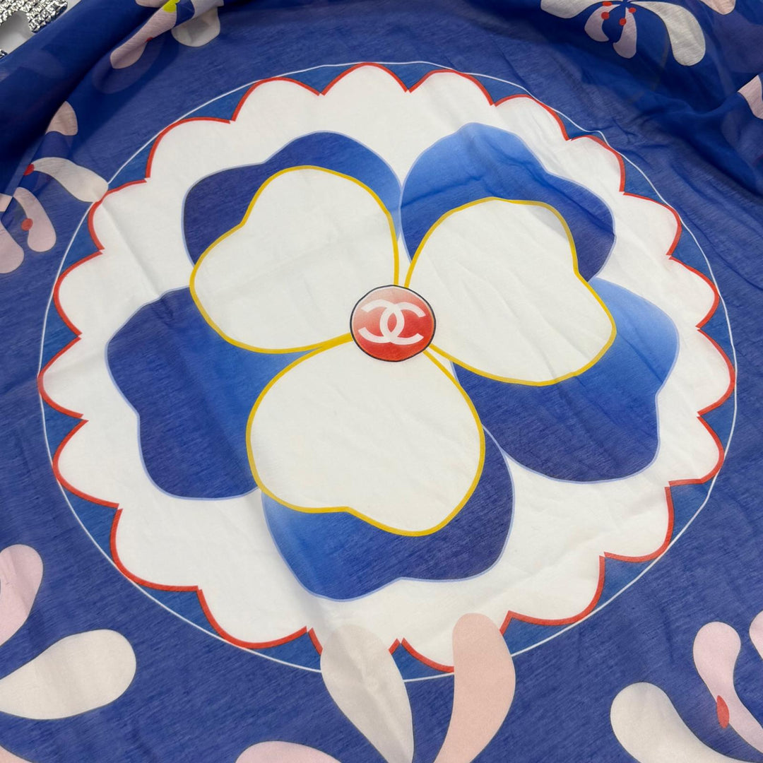 Excellent CHANEL COCO Mark Floral Print Large Pareo blue cotton Women G19
