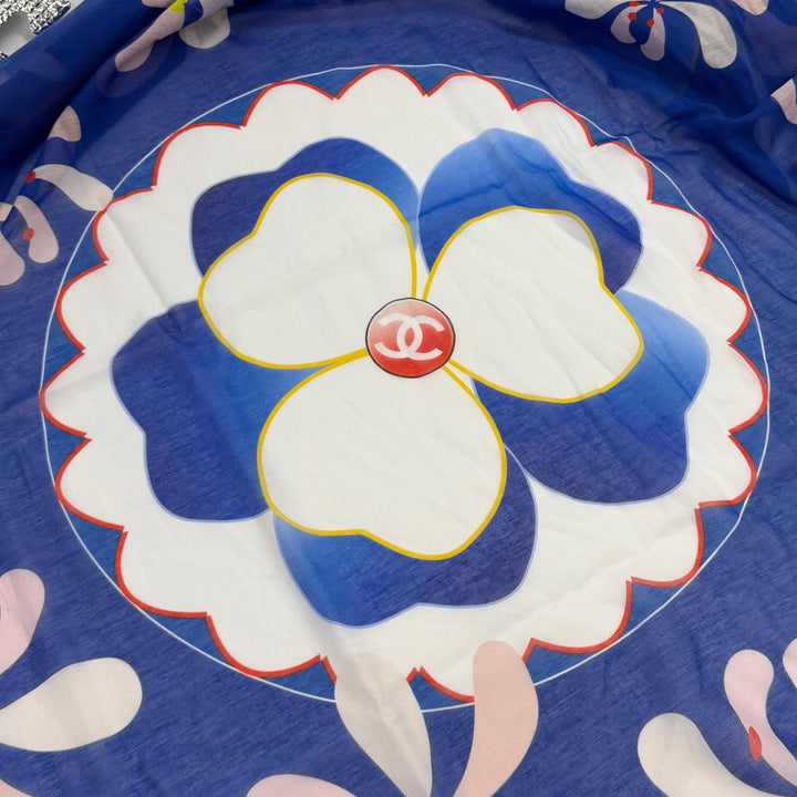 Excellent CHANEL COCO Mark Floral Print Large Pareo blue cotton Women G19