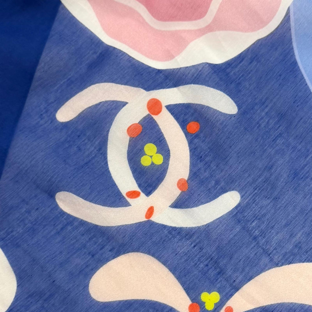 Excellent CHANEL COCO Mark Floral Print Large Pareo blue cotton Women G19