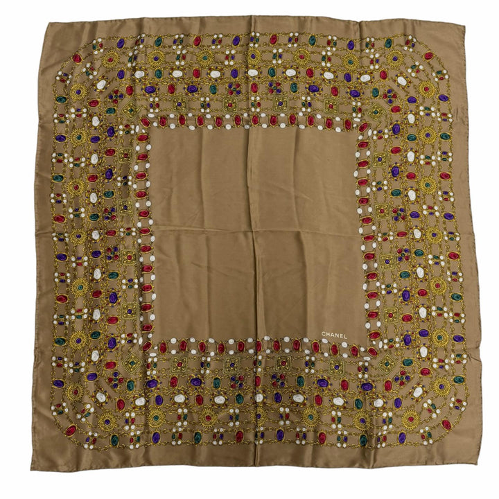 Great CHANEL scarf Gripoa Pattern logo included Brown silk Women