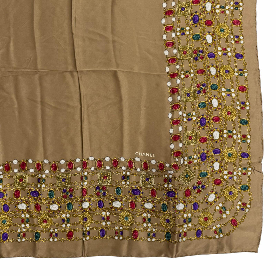 Great CHANEL scarf Gripoa Pattern logo included Brown silk Women