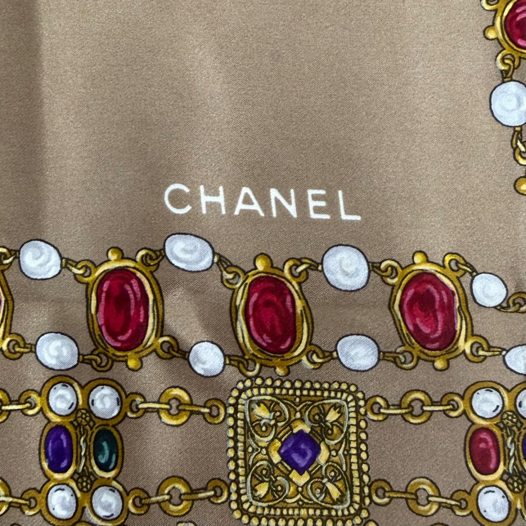 Great CHANEL scarf Gripoa Pattern logo included Brown silk Women