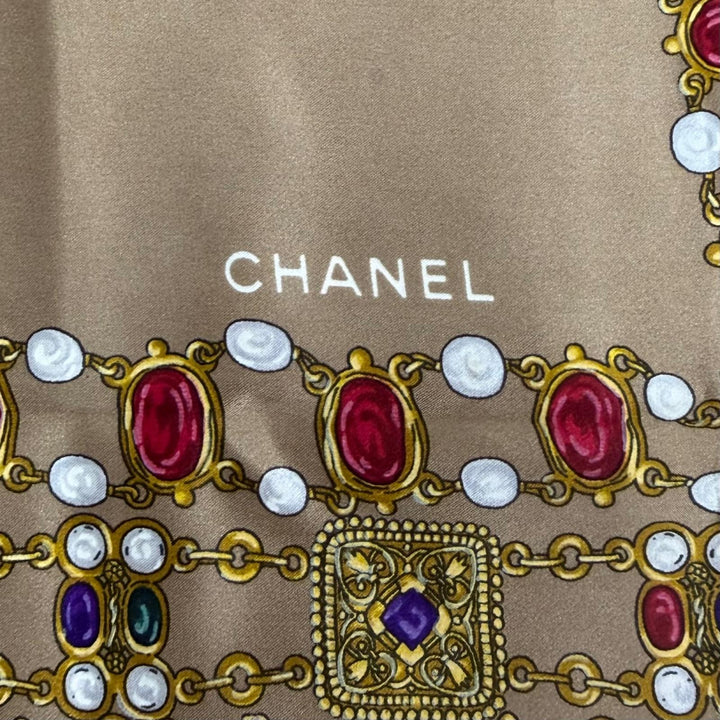 Great CHANEL scarf Gripoa Pattern logo included Brown silk Women