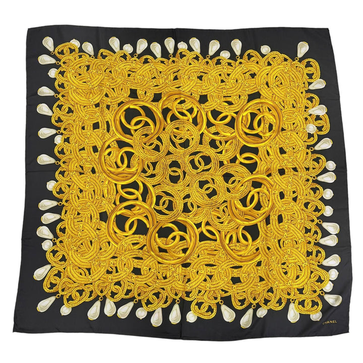 Excellent CHANEL scarf COCO Mark Chain Pearl Large Size black silk Women