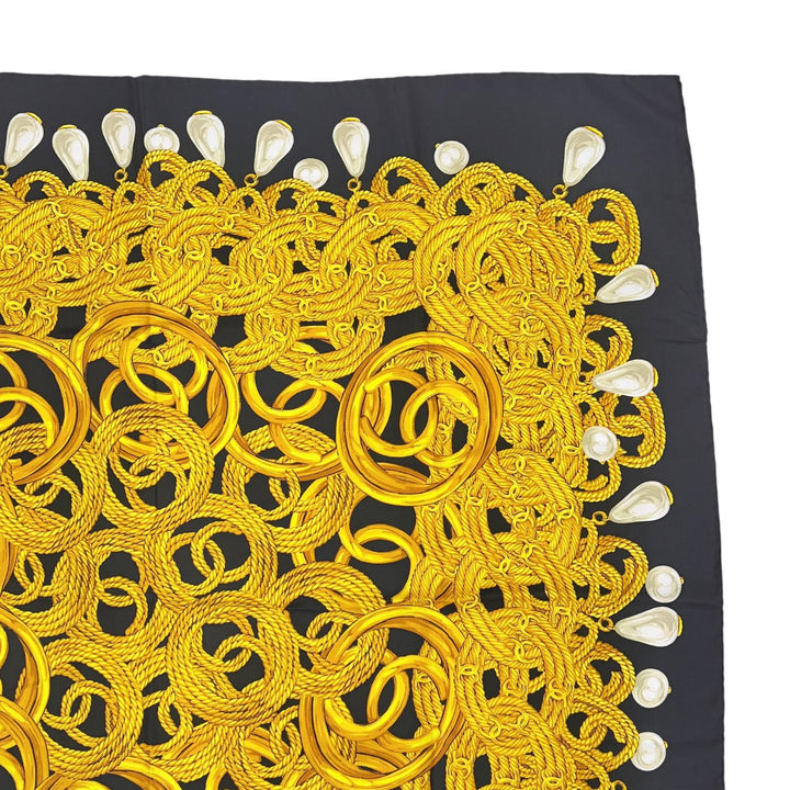 Excellent CHANEL scarf COCO Mark Chain Pearl Large Size black silk Women