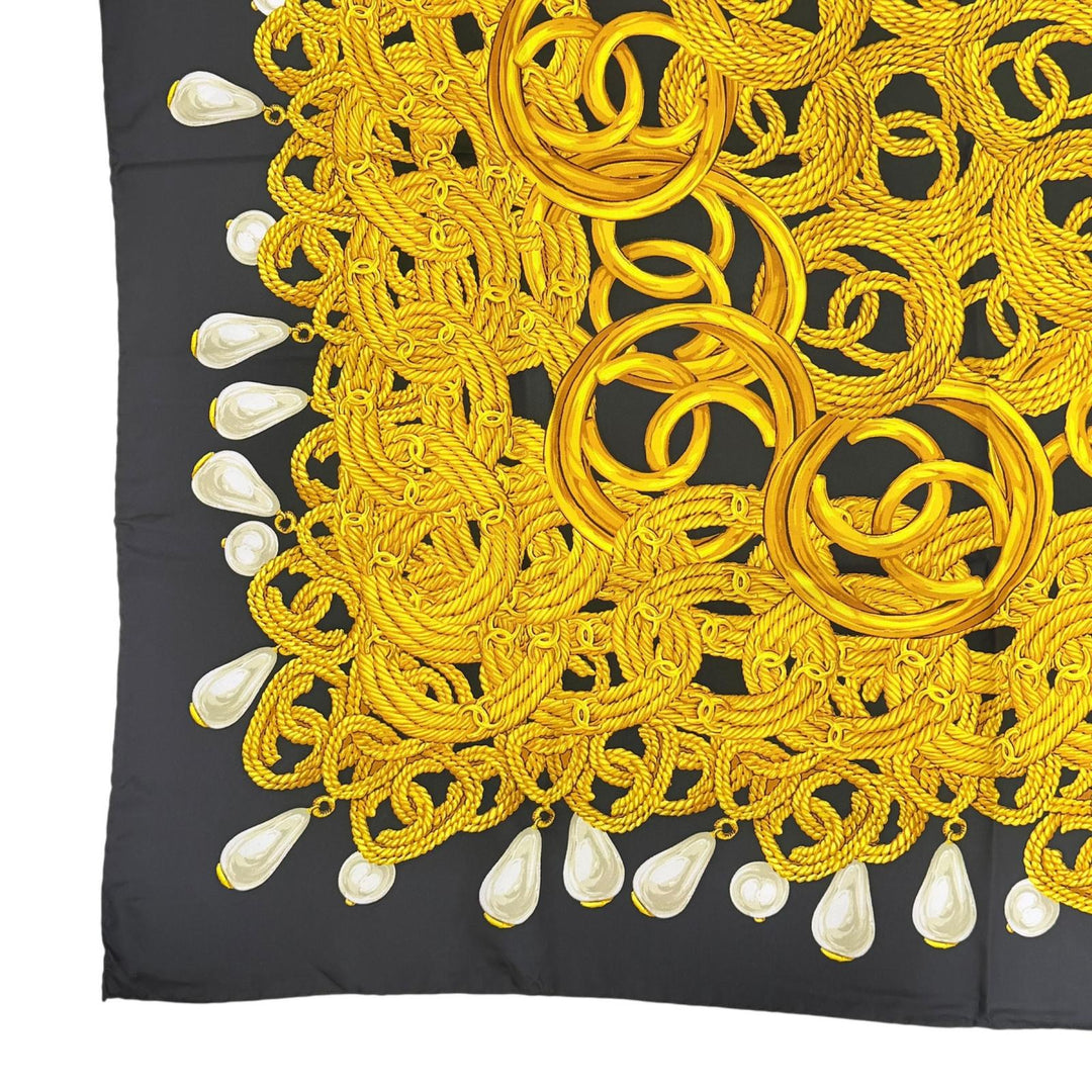 Excellent CHANEL scarf COCO Mark Chain Pearl Large Size black silk Women