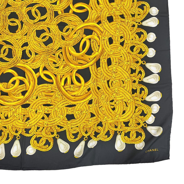 Excellent CHANEL scarf COCO Mark Chain Pearl Large Size black silk Women