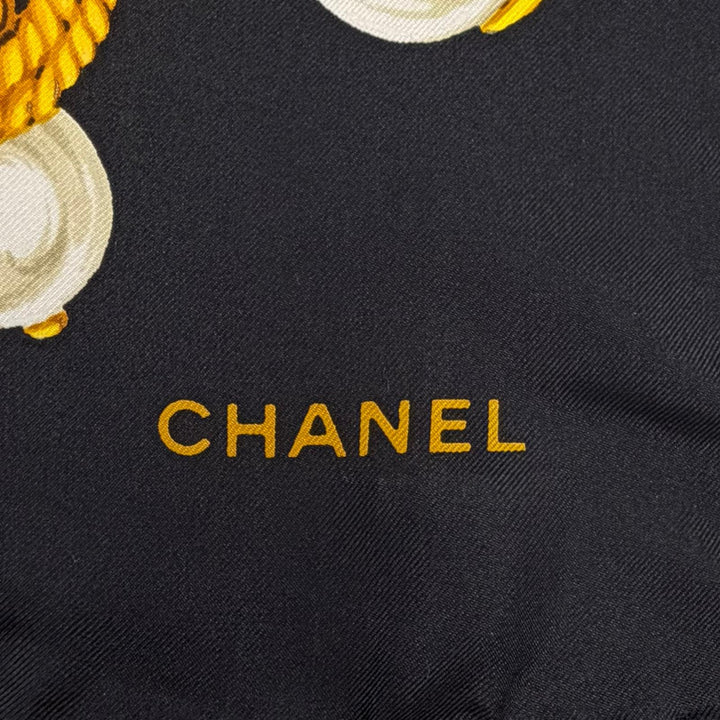 Excellent CHANEL scarf COCO Mark Chain Pearl Large Size black silk Women