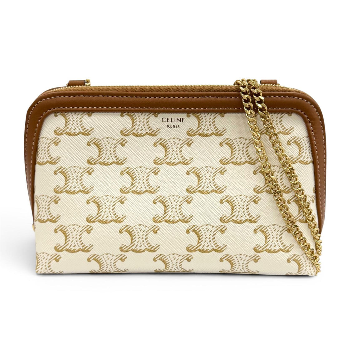 Excellent CELINE Shoulder Bag Logo Chain Clutch Bag off white Triomphe canvas