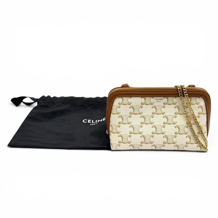 Excellent CELINE Shoulder Bag Logo Chain Clutch Bag off white Triomphe canvas