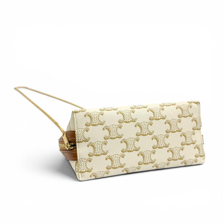 Excellent CELINE Shoulder Bag Logo Chain Clutch Bag off white Triomphe canvas