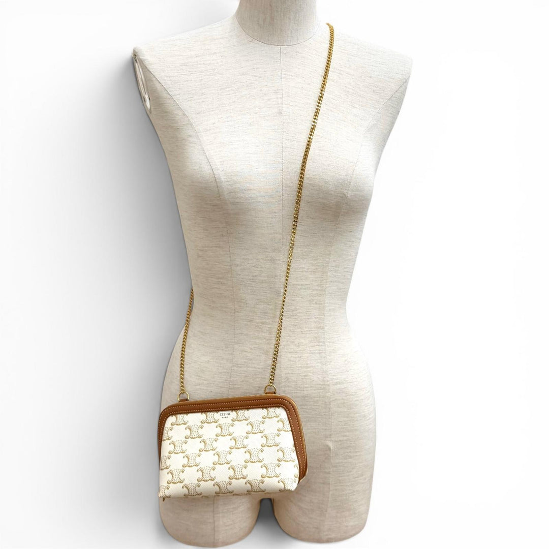 Excellent CELINE Shoulder Bag Logo Chain Clutch Bag off white Triomphe canvas