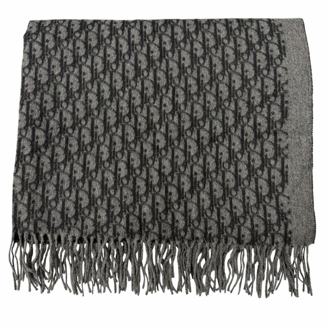 Excellent DIOR Scarf Oblique fringed large stole black silk mens 93E0013A0168