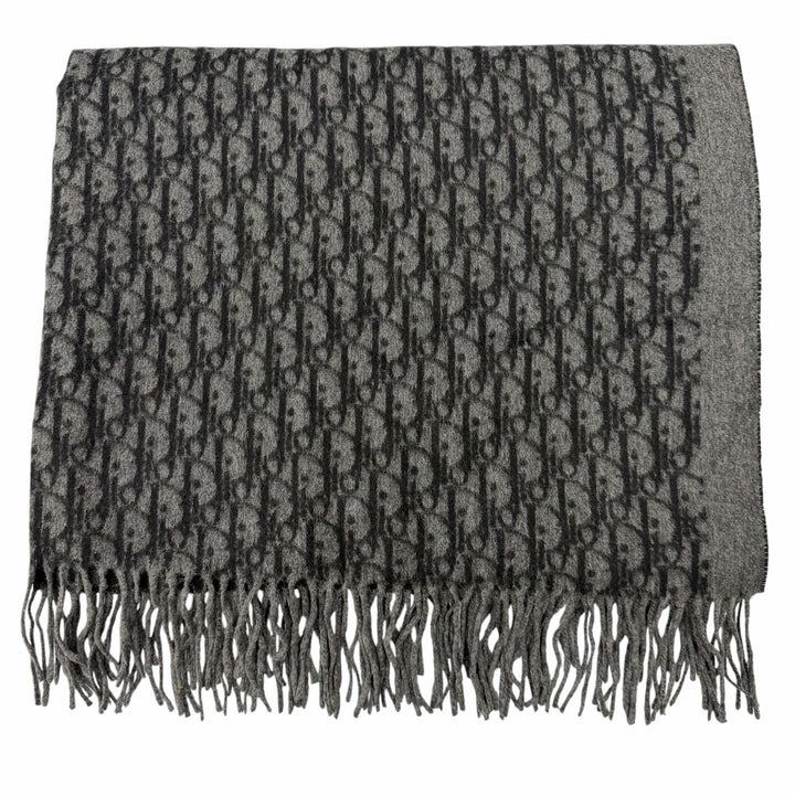 Excellent DIOR Scarf Oblique fringed large stole black silk mens 93E0013A0168