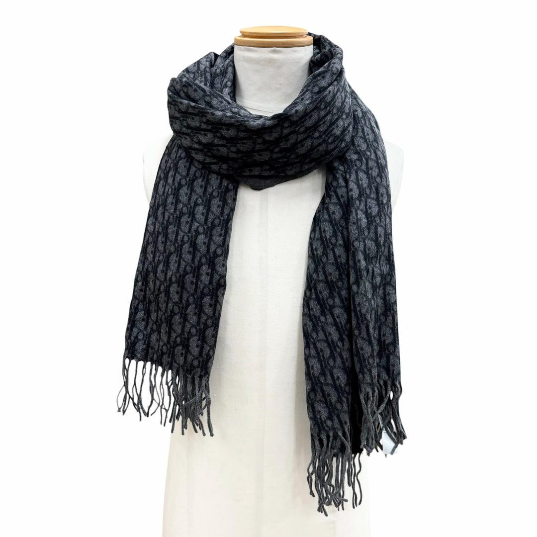 Excellent DIOR Scarf Oblique fringed large stole black silk mens 93E0013A0168
