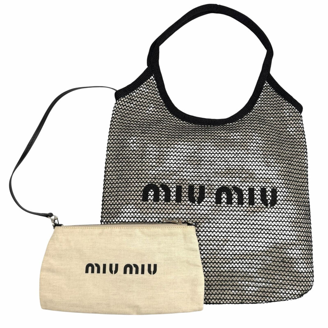 Excellent MIUMIU Tote Bag IVY Pouch included, logo design, raffia mesh 5BG231