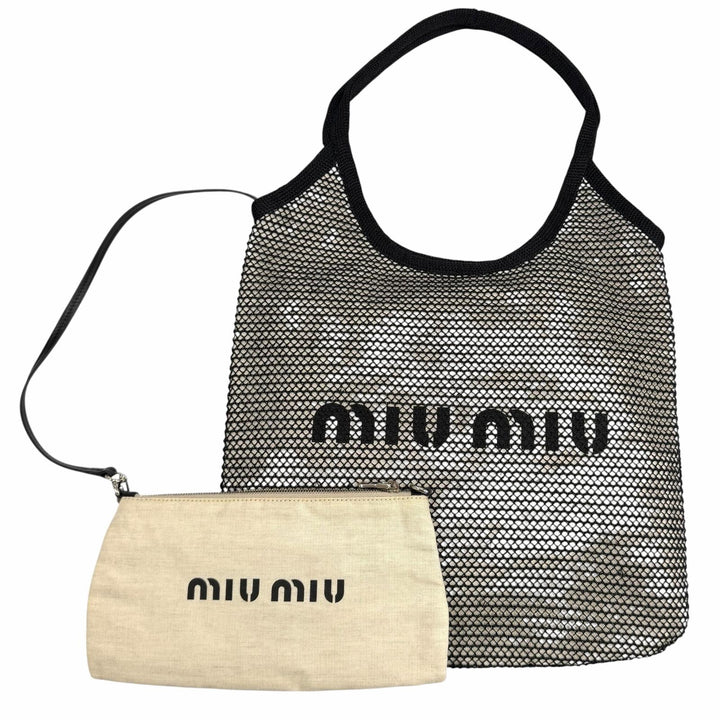 Excellent MIUMIU Tote Bag IVY Pouch included, logo design, raffia mesh 5BG231