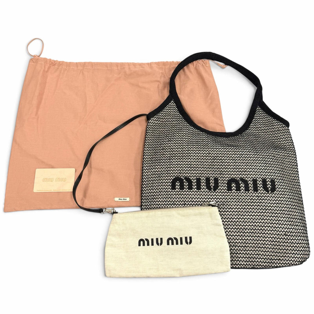Excellent MIUMIU Tote Bag IVY Pouch included, logo design, raffia mesh 5BG231