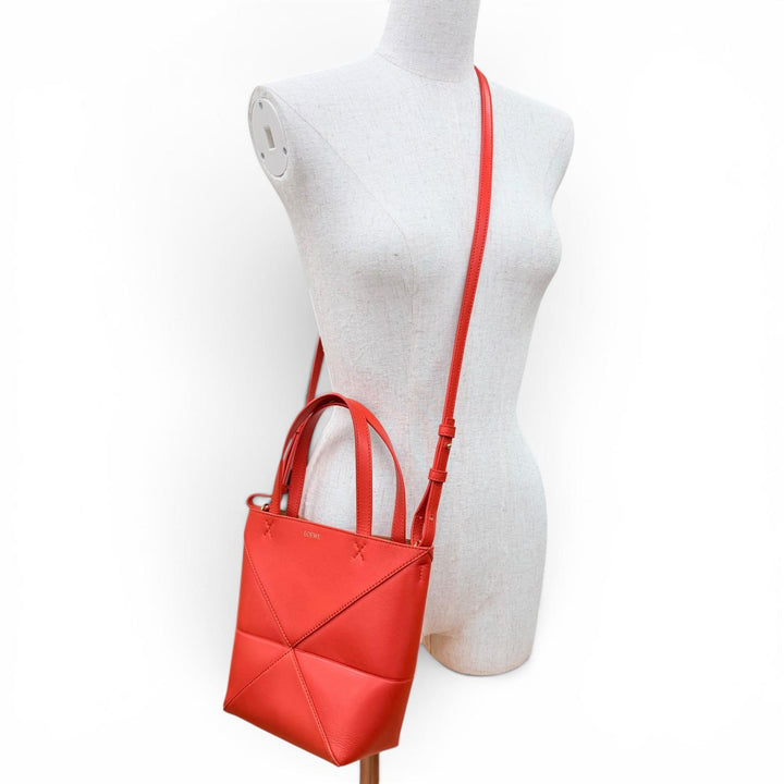 Very Good LOEWE Handbag Puzzle Fold Tote Mini 2WAYShoulder Bag Red Shiny