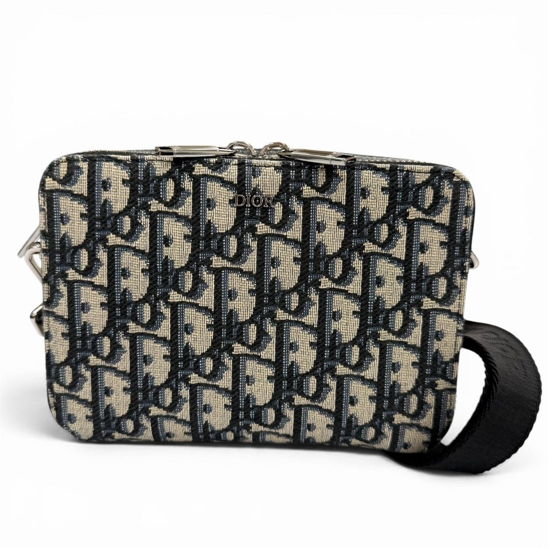 Pristine DIOR Shoulder Bag Oblique zip pouch Navy canvas mens 20BBC119YSE