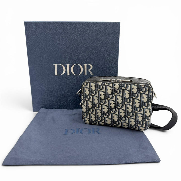 Pristine DIOR Shoulder Bag Oblique zip pouch Navy canvas mens 20BBC119YSE