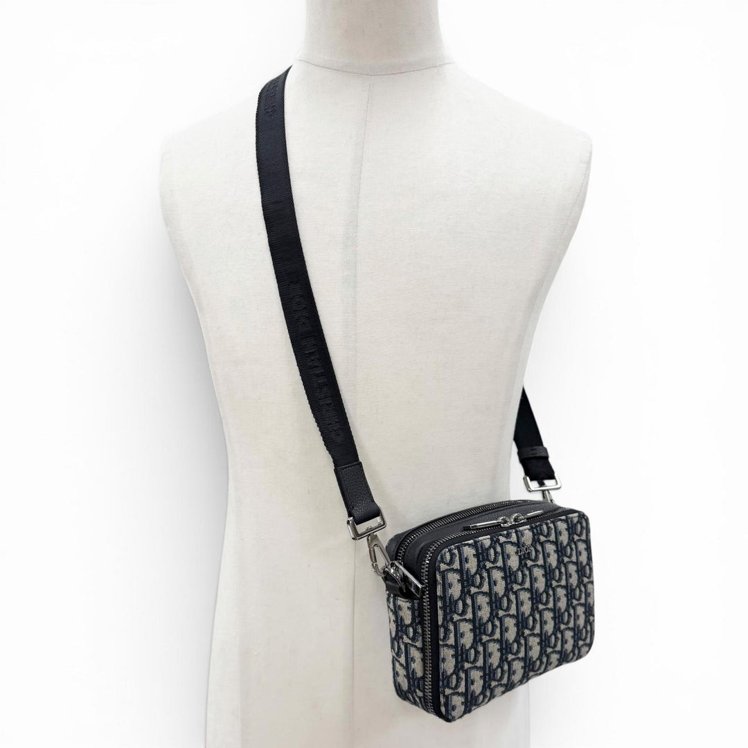 Pristine DIOR Shoulder Bag Oblique zip pouch Navy canvas mens 20BBC119YSE
