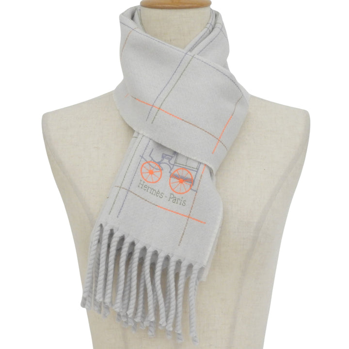 Excellent HERMES Scarf Cran Brode Berlin Light gray cashmere mens