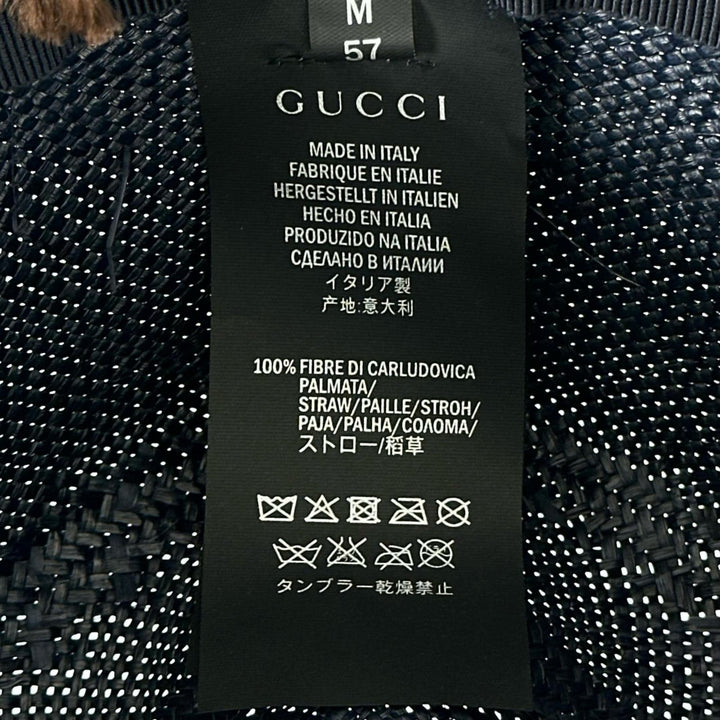 Pristine GUCCI hat Logo-embossed leather band, straw Navy straw mens 57 370640