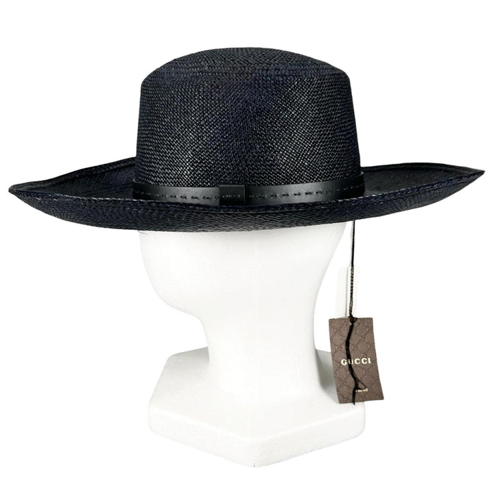 Pristine GUCCI hat Logo-embossed leather band, straw Navy straw mens 57 370640