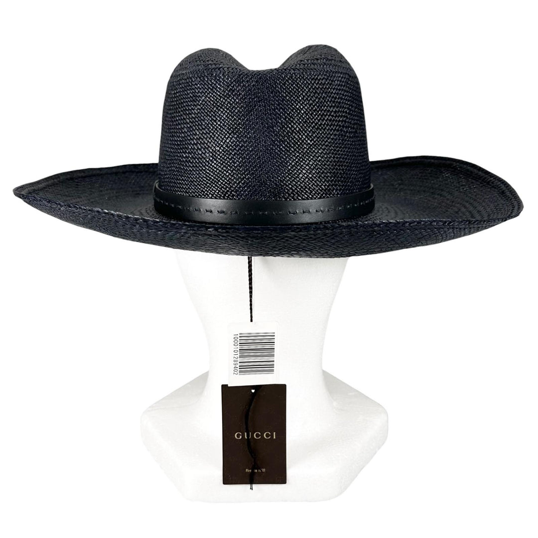 Pristine GUCCI hat Logo-embossed leather band, straw Navy straw mens 57 370640