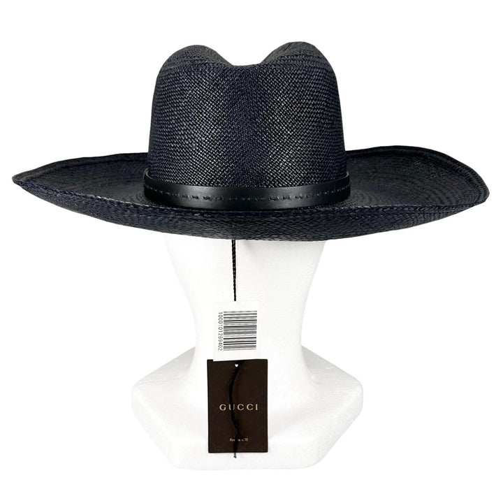 Pristine GUCCI hat Logo-embossed leather band, straw Navy straw mens 57 370640