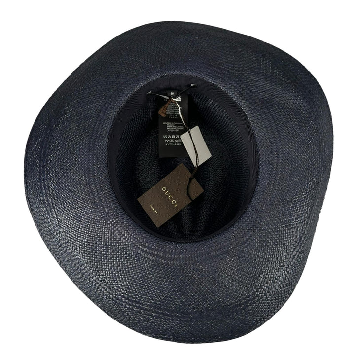 Pristine GUCCI hat Logo-embossed leather band, straw Navy straw mens 57 370640