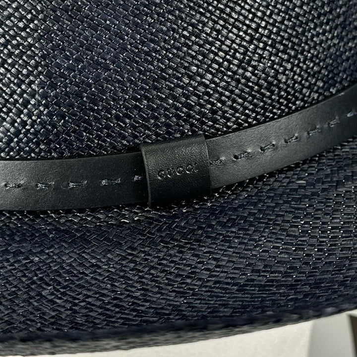 Pristine GUCCI hat Logo-embossed leather band, straw Navy straw mens 57 370640