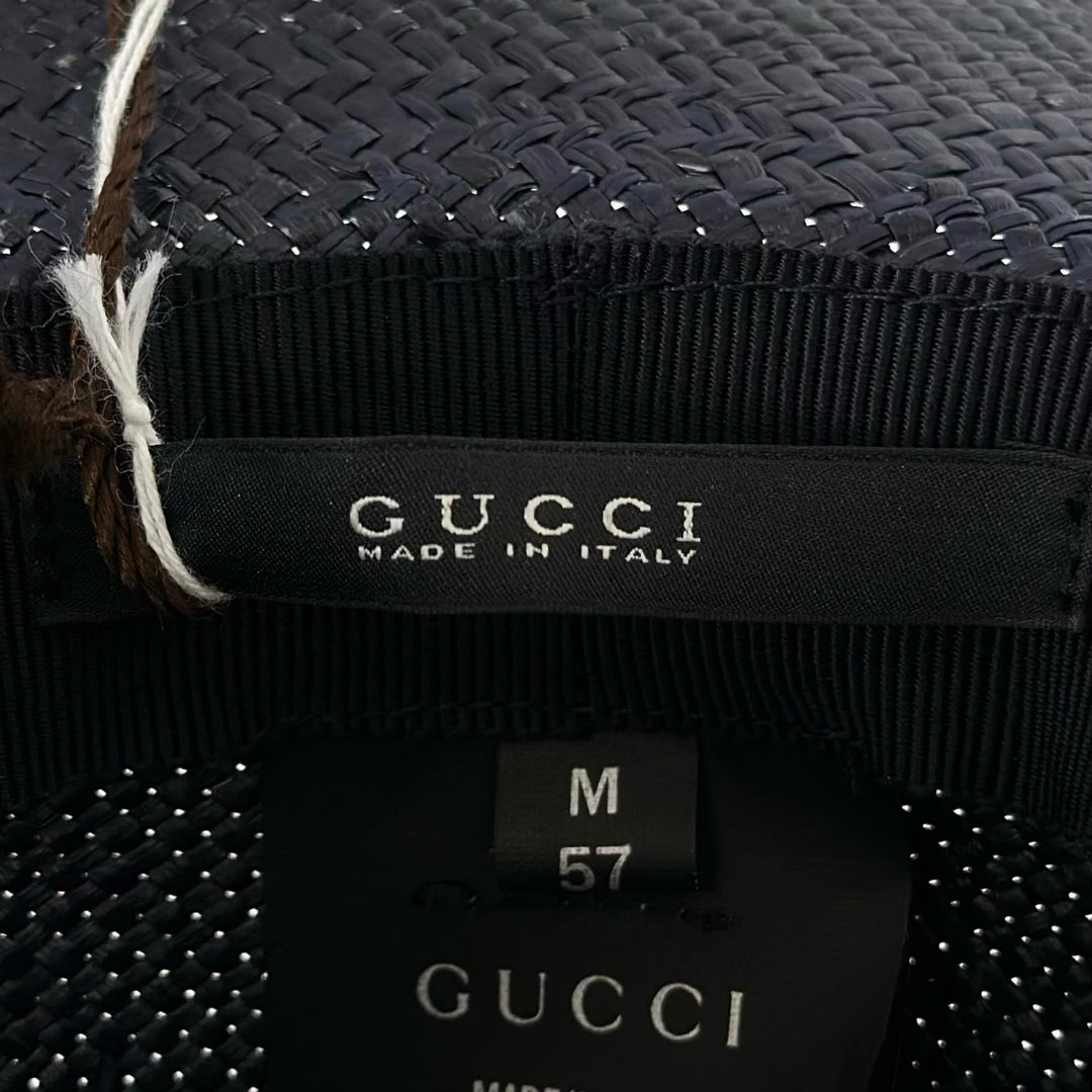 Pristine GUCCI hat Logo-embossed leather band, straw Navy straw mens 57 370640