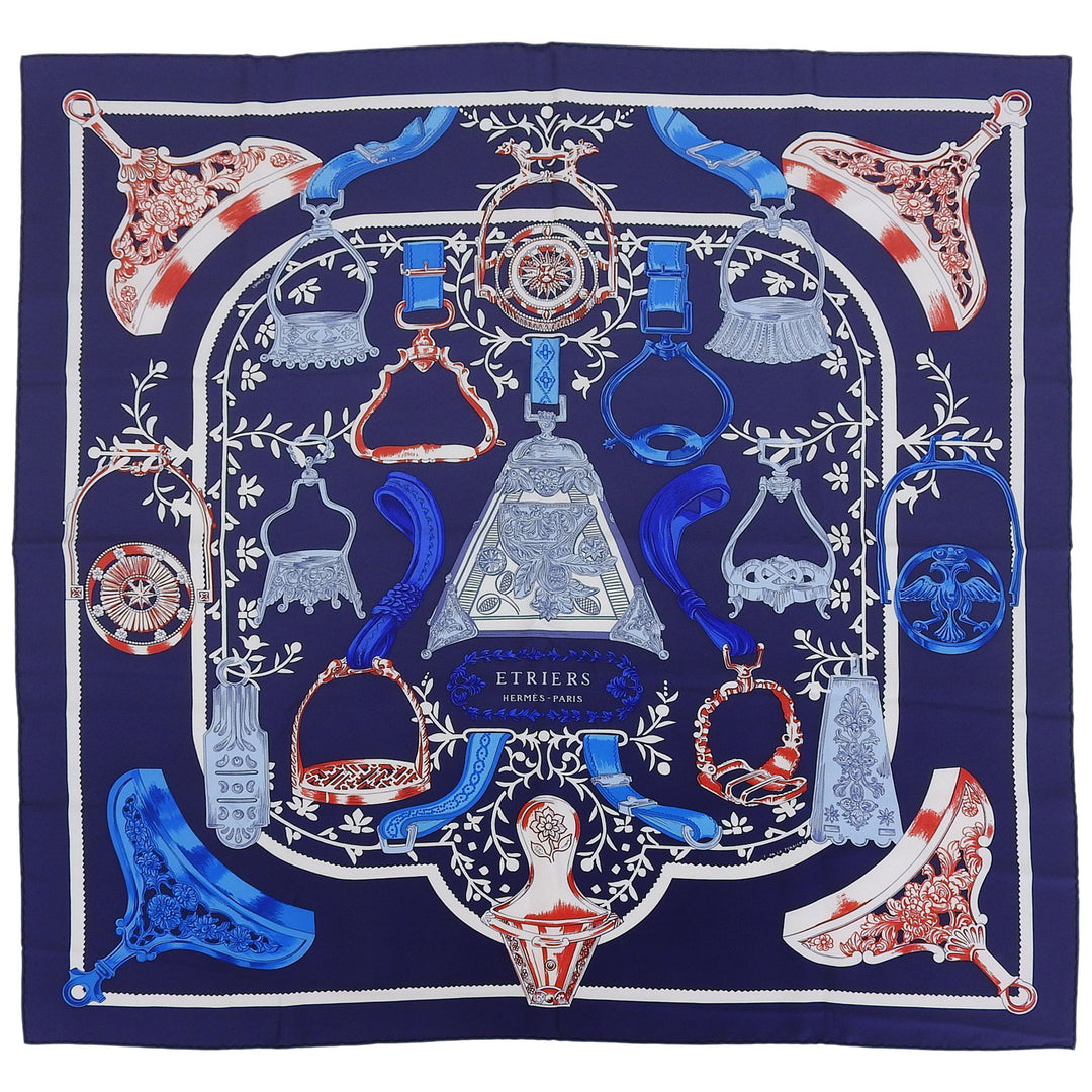 Excellent HERMES scarf ETRIERS Carre 90 Navy silk Women