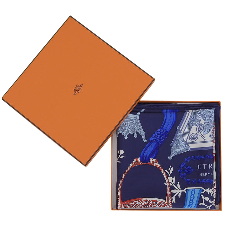 Excellent HERMES scarf ETRIERS Carre 90 Navy silk Women